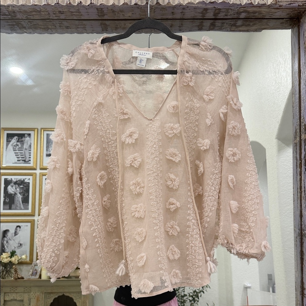 Calypso St. Barth Beige Floral Textured Blouse